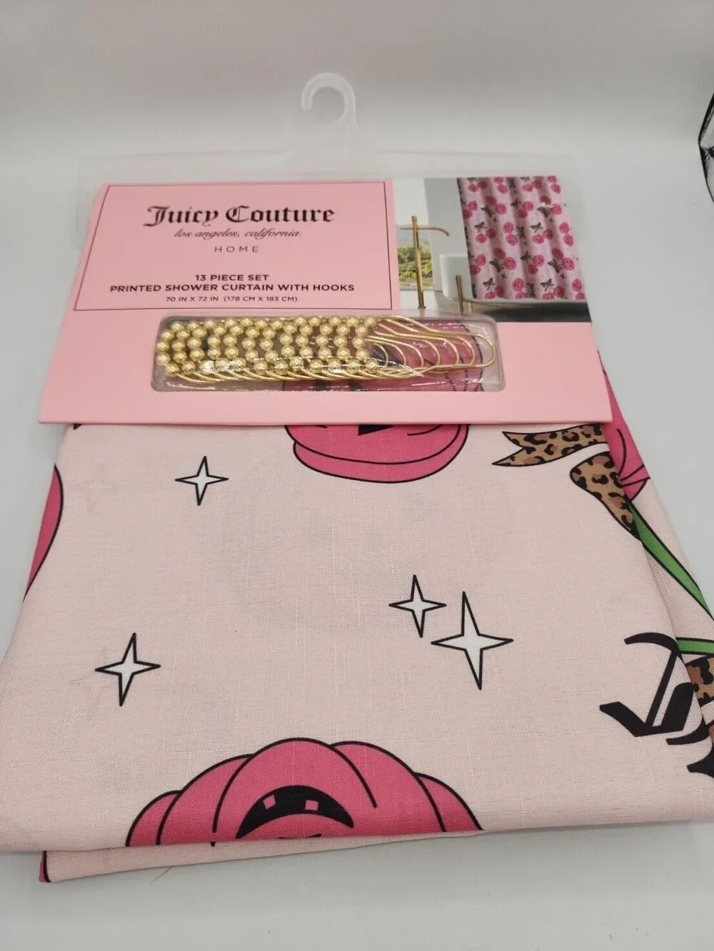 Juicy Couture Pink Halloween Pumpkin Bows Shower Curtain Set 13 Pc Gold Hooks
